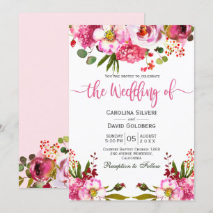 Boho Pink Watercolor Floral Typografy Wedding Einladung