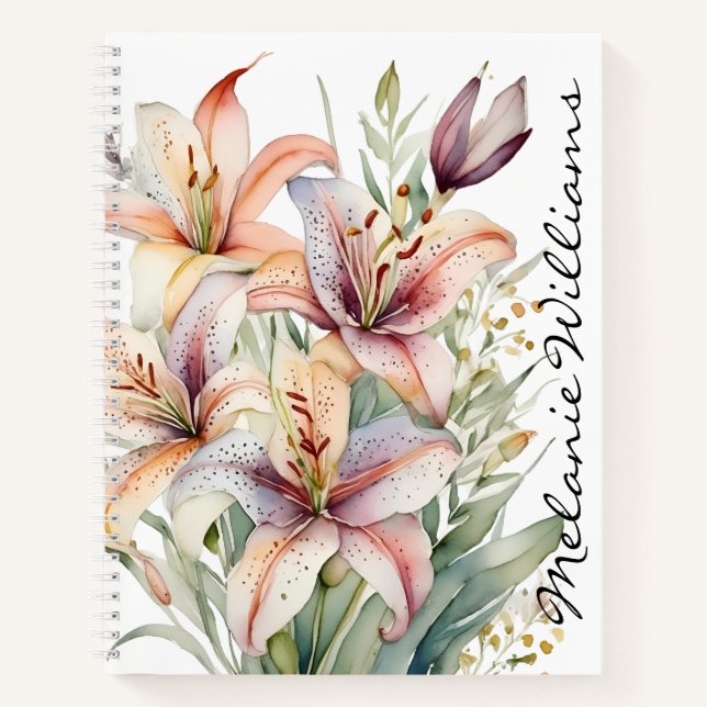 Boho Pink Watercolor Lilies | Personalisierter Nam Notizbuch (Vorderseite)