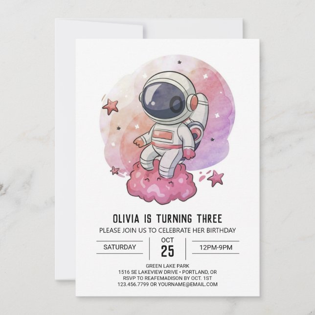 Boho Pink Whimsy Astronaut Geburtstag Einladung (Vorderseite)
