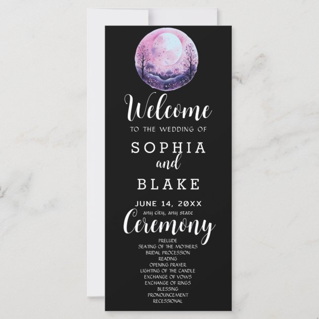 Boho Pink & White Full Moon Black Wedding Programm (Vorderseite)