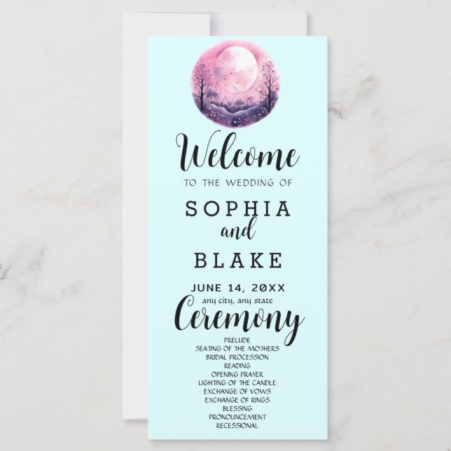 Boho Pink & White Full Moon Blue Wedding Programm (Vorderseite)