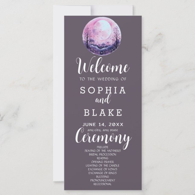 Boho Pink & White Full Moon Gray Wedding Programm (Vorderseite)
