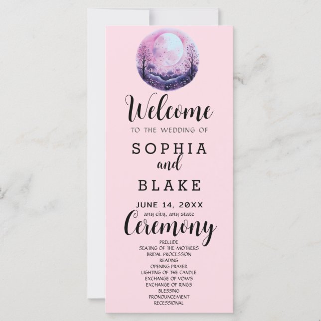Boho Pink & White Full Moon Pink Wedding Programm (Vorderseite)