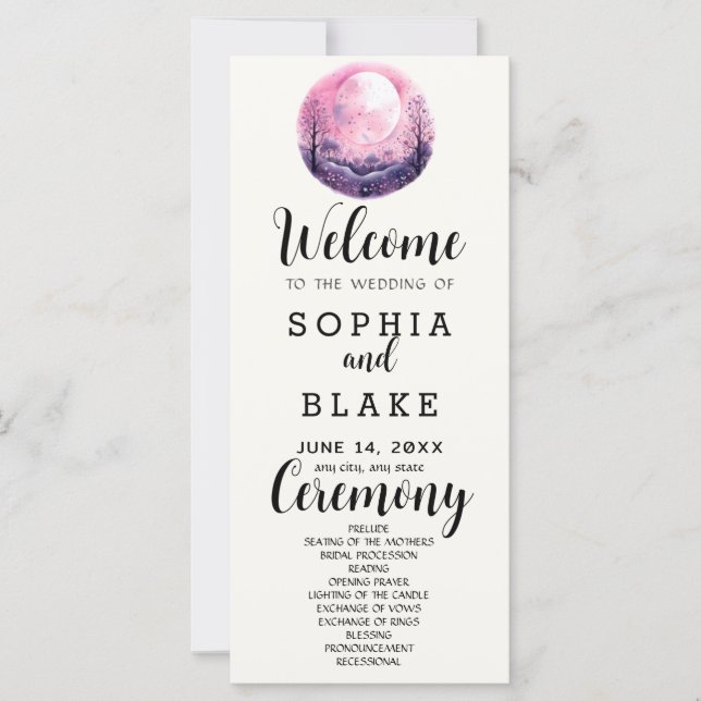 Boho Pink & White Full Moon White Wedding Programm (Vorderseite)