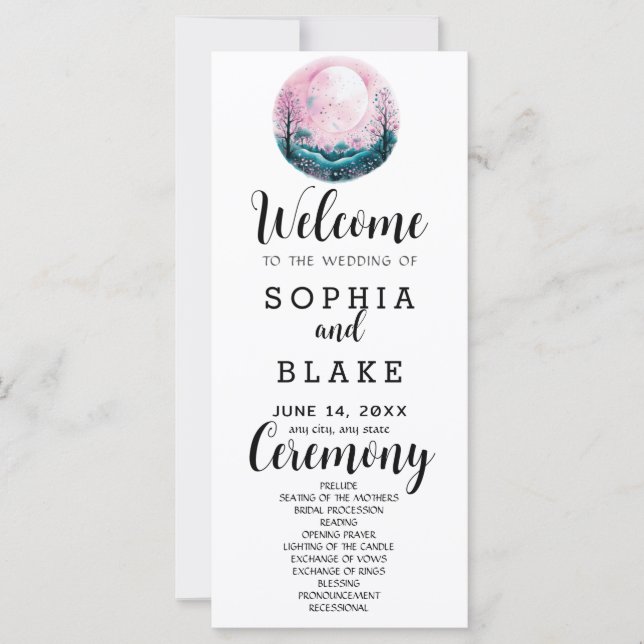 Boho Pink & White Full Moon White Wedding Programm (Vorderseite)