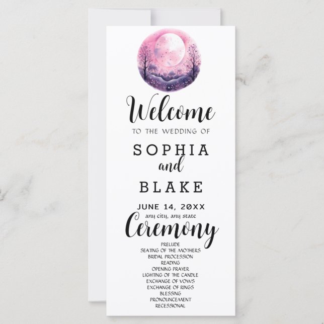 Boho Pink & White Full Moon White Wedding Programm (Vorderseite)