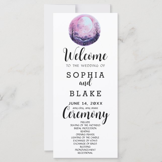 Boho Pink & White Full Moon White Wedding Programm (Vorderseite)