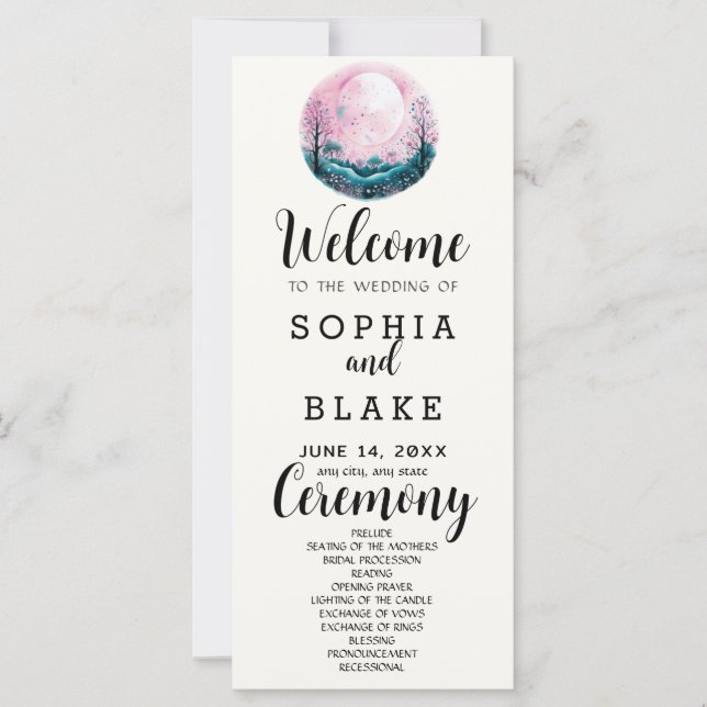 Boho Pink & White Full Moon White Wedding Programm (Vorderseite)