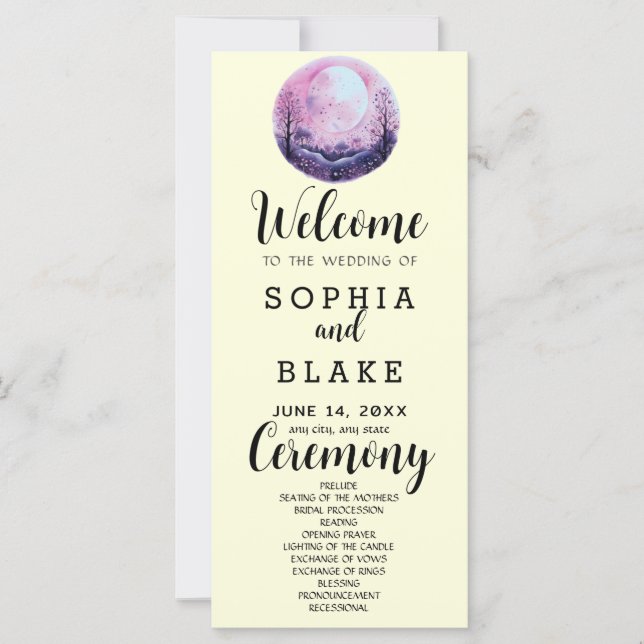 Boho Pink & White Full Moon Yellow Wedding Program (Vorderseite)