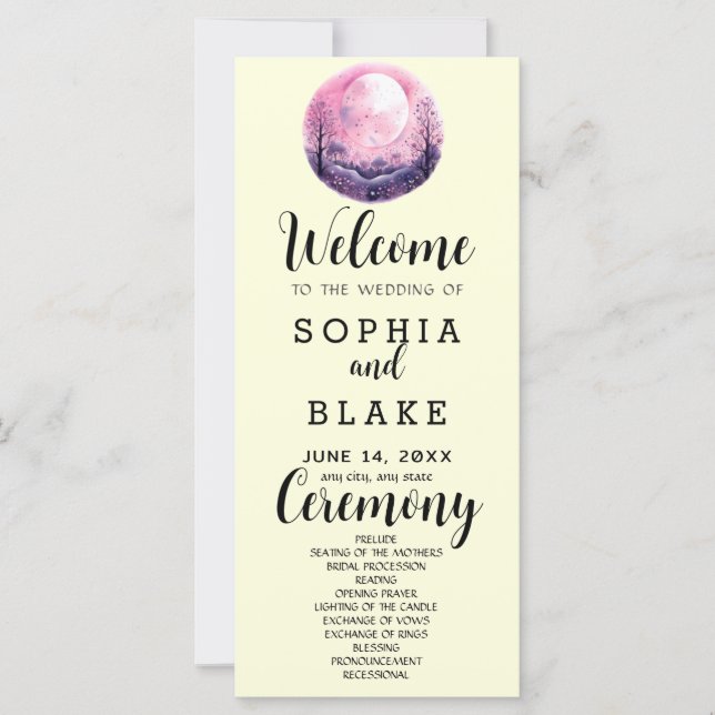 Boho Pink & White Full Moon Yellow Wedding Program (Vorderseite)