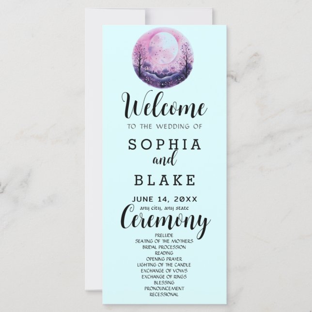 Boho Pink & White Vollmond Blau Hochzeitsprogramm (Vorderseite)