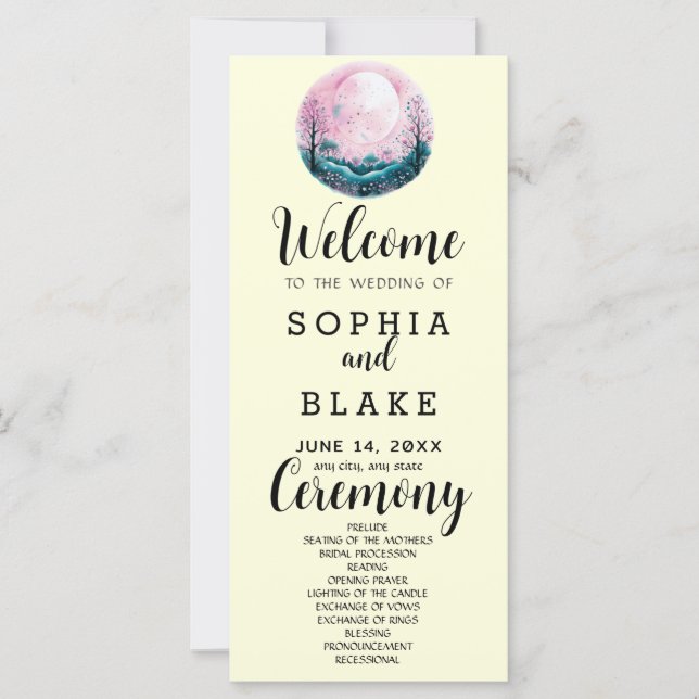 Boho Pink & White Vollmond Gelbe Hochzeitsprogramm (Vorderseite)