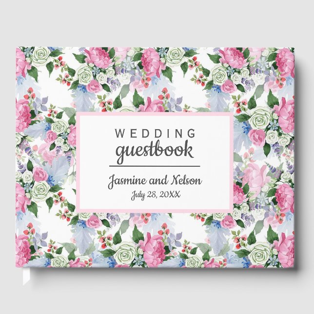 Boho Pink White Wedding Personalisierte Blume Gästebuch (Vorderseite)