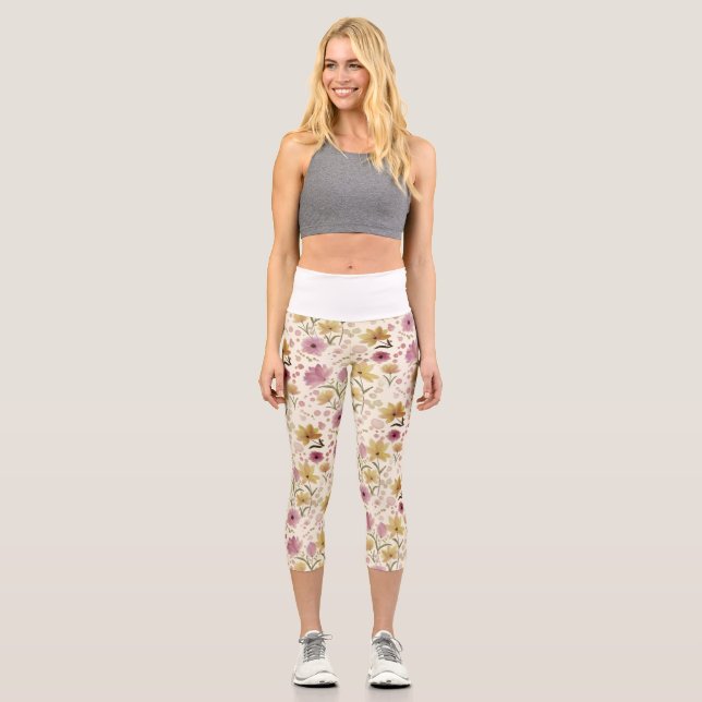 boho Pink Wildflower Watercolor  Capri Leggings (Vorderseite)