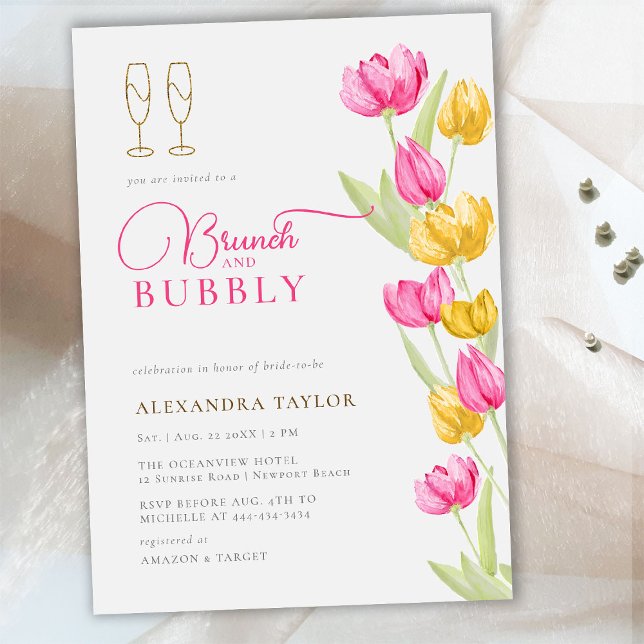 Boho Pink Yellow Tulips Gold Brunch Bubbly Bridal Einladung (Von Creator hochgeladen)