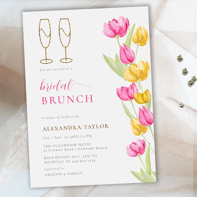 Boho Pink Yellow Tulips Gold Flutes Bridal Brunch Einladung (Von Creator hochgeladen)