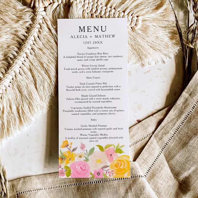 Boho pinkfarbene, blühende Wasserfarbe Hochzeit Menükarte (Boho pink yellow floral watercolor Wedding Menu)