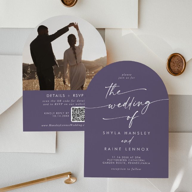 Boho Plum Lila Foto QR Code Arch Wedding Einladung (Von Creator hochgeladen)
