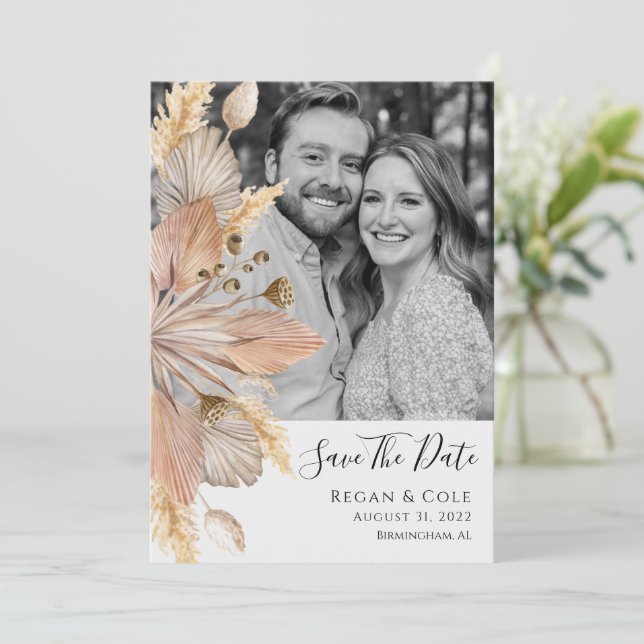 Boho Pompas Gras Save The Date Karte (Stehend Vorderseite)