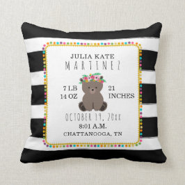 Boho Pompom Stripe Bear Baby Girl Birth Stats Kissen