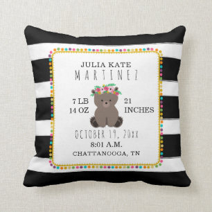 Boho Pompom Stripe Bear Baby Girl Birth Stats Kissen