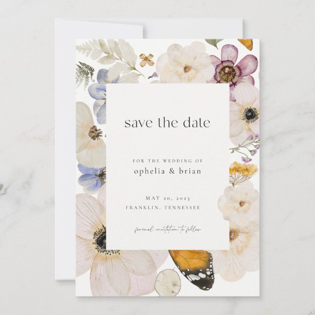 Boho Pressed Dried Blume Save the Date Einladung (Vorderseite)