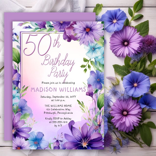 Boho-Princessblumen-Blumen-50. Geburtstagsfeier Einladung (Elegant Boho Aster | Morning Glories Floral 50th Birthday Party Invitation Print | Digital Download)