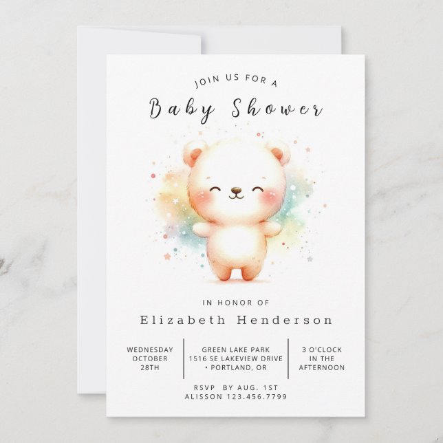Boho Printable Bear Baby Dusche Einladung (Vorderseite)