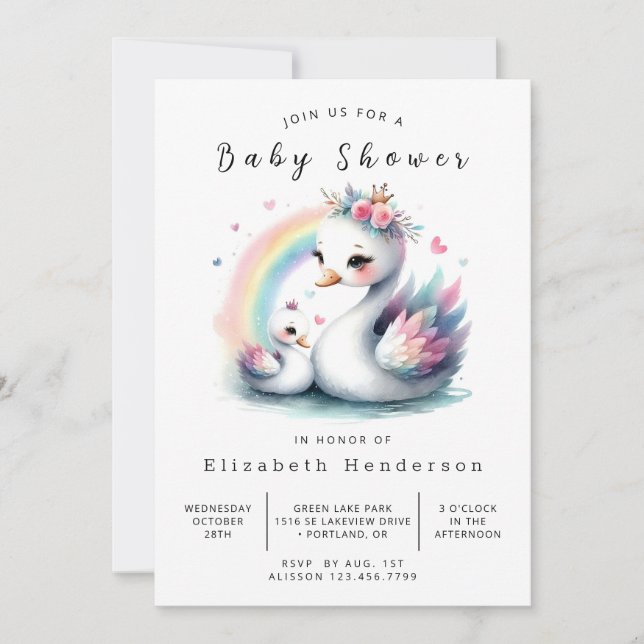 Boho Printable Swan Baby Shower Einladung (Vorderseite)