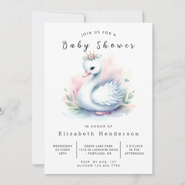 Boho Printable Swan Baby Shower Einladung (Vorderseite)