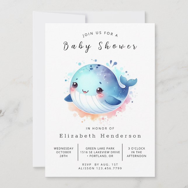 Boho Printable Whale Baby Shower Einladung (Vorderseite)