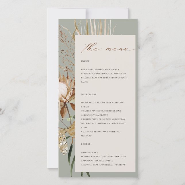 Boho Protea Dried Palm Floral Wedding Menu Card Dankeskarte (Vorderseite)