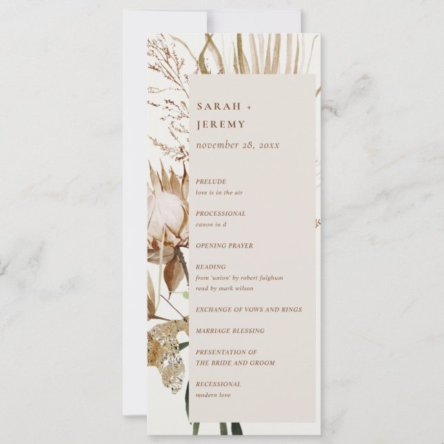 Boho Protea Dried Palm Floral Wedding Program Einladung (Vorderseite)