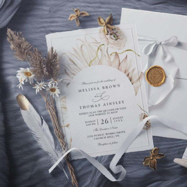 Boho-Protea-Pampas-Gras-Rustikale-QR-Code-Hochzeit Einladung (Von Creator hochgeladen)