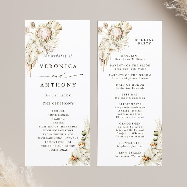 Boho Protea Pampas Grass Blumenzeremonie Programm (Front & Back)