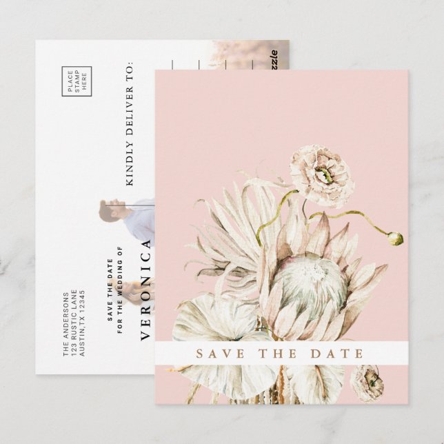 Boho Protea Pampas Grass Blush Save the Date Foto Postkarte (Vorne/Hinten)
