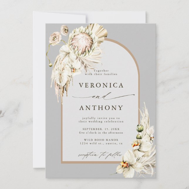 Boho Protea Pampas Grass Floral Gray Wedding Einladung (Vorderseite)