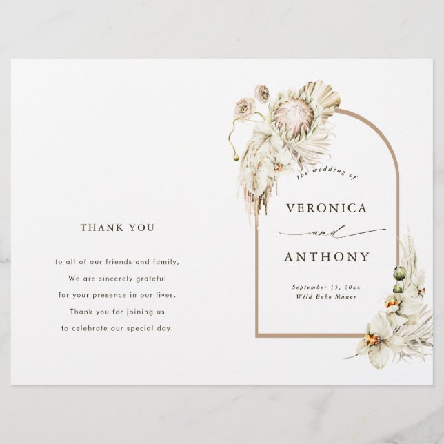 Boho Protea Pampas Grass Floral Wedding Program (Vorderseite)