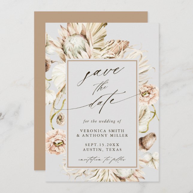 Boho Protea Pampas Grass Gray Wedding Foto Save The Date (Vorne/Hinten)