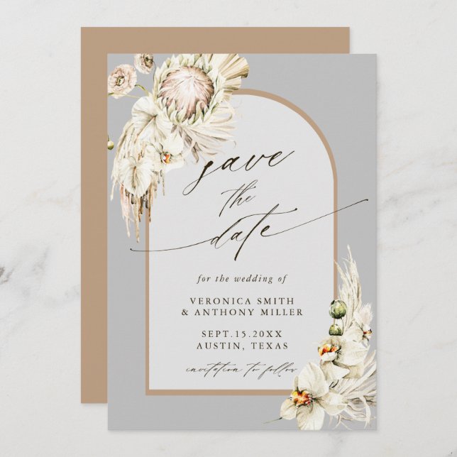 Boho Protea Pampas Grass Gray Wedding Foto Save The Date (Vorne/Hinten)