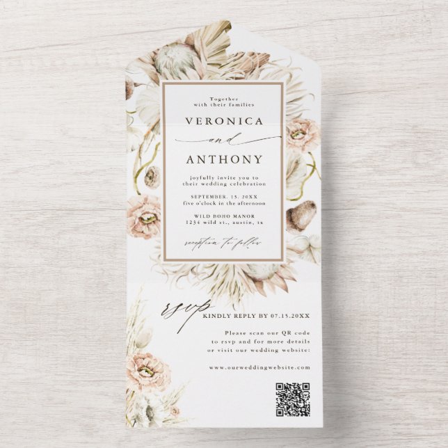 Boho Protea Pampas Grass Wedding QR Code All In One Einladung (Innen Boden)