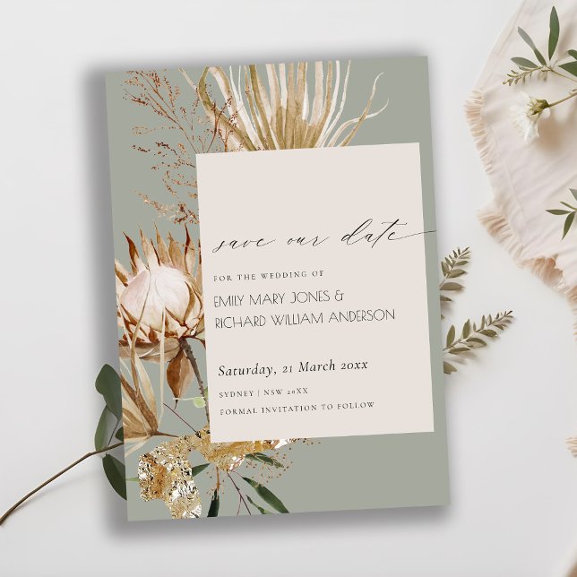 Boho Protea Save the Date Palm Floral Dankeskarte (Von Creator hochgeladen)