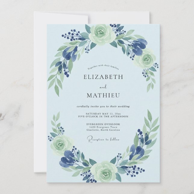 Boho-Puder Azurblättrige Hochzeit Einladung (Vorderseite)