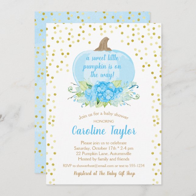 Boho Pumpkin Baby Boy Dusche Watercolor Blue Gold Einladung (Vorne/Hinten)