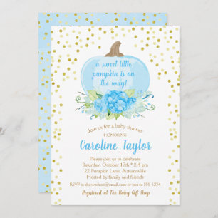 Boho Pumpkin Baby Boy Dusche Watercolor Blue Gold Einladung