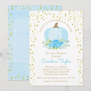 Boho Pumpkin Baby Boy Dusche Watercolor Blue Gold Einladung