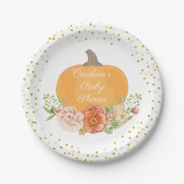 Boho Pumpkin Fall Baby Dusche Wasserfarbe Blütenfa Pappteller (Vorderseite)