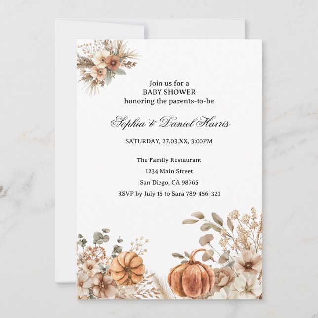 Boho Pumpkin Fall Rustic Chic Baby Dusche Invitati Einladung (Vorderseite)