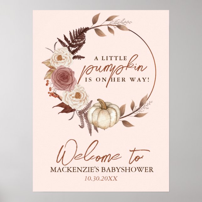 Boho Pumpkin Girl Fall Baby Dusche Begrüßungszeich Poster (Vorne)