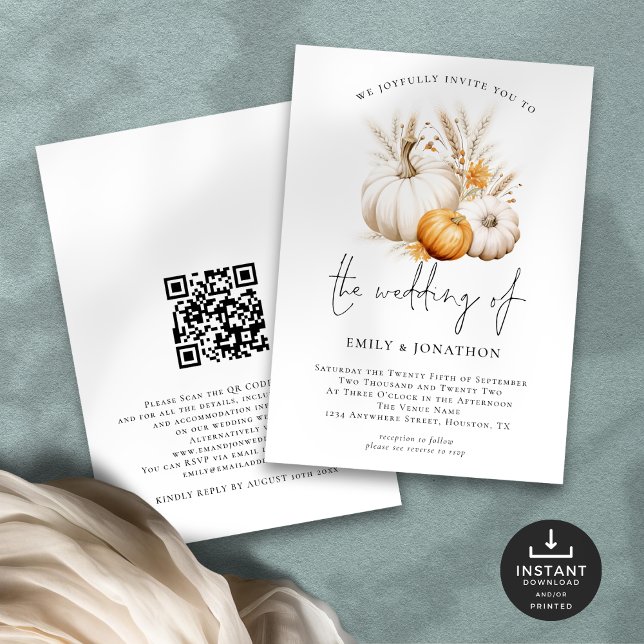 Boho Pumpkins Grasses QR Code Wedding Einladung (Front and back view)